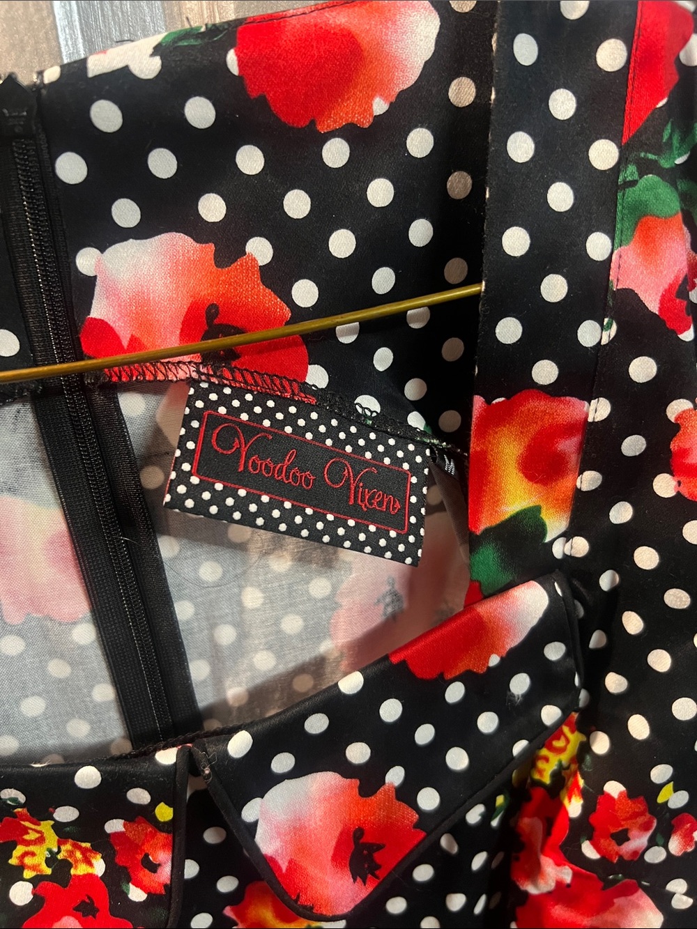 Voodoo Vixen Black Polka Dot Dress with Red Floral Print size M - Picture 2 of 3